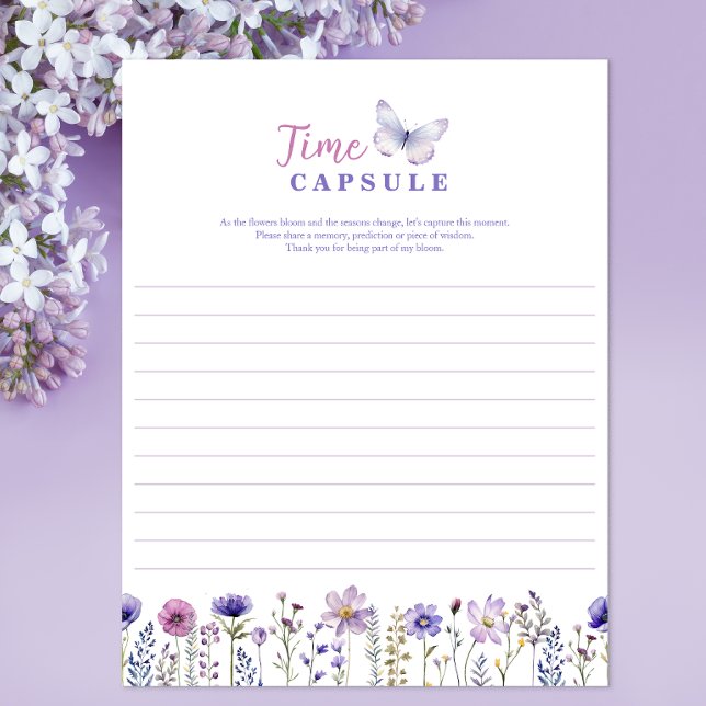 Time Capule Wildflower Primeiro Jogo de Festa de a (Birthday Party Time Capsule Activity Sheet)