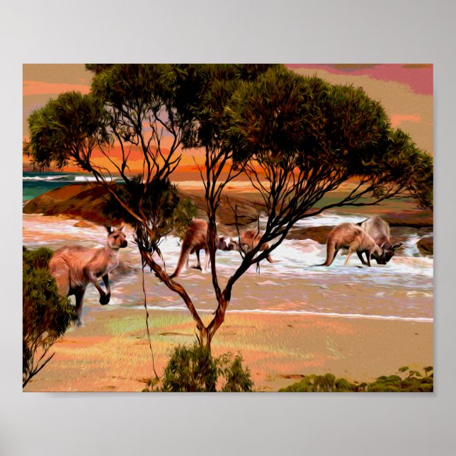 Tinta de óleo de praia de Kangaroo, Poster (Frente)
