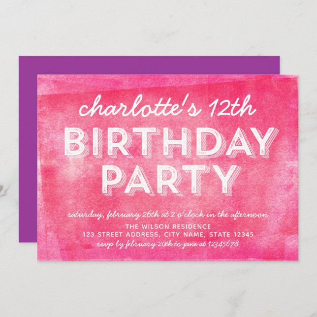 Tinta rosa enrolada qualquer convite de aniversári (Frente/Verso)