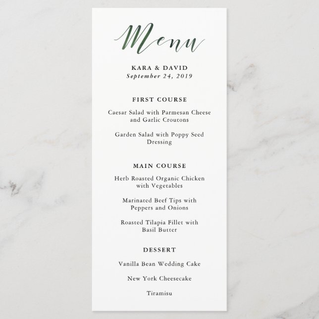 Tipografia Elegante | Menu de Casamento Verde Prof (Frente)