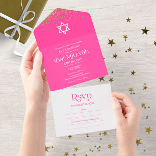 Tipografia Moderna Rosa Quente Confete Bar Mitzvah