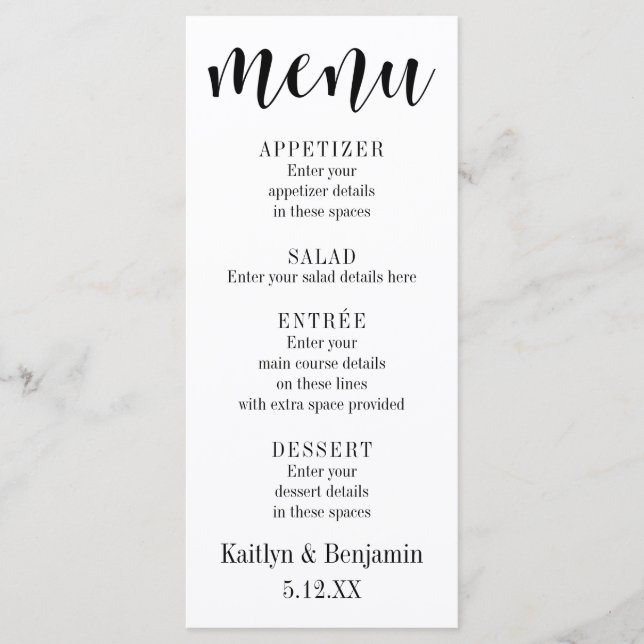 Tipografia Preta Simples em Menu de Casamento Bran (Frente)