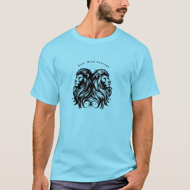 Título: Blue T-Shirt com Leões Gêmeos e "Roar com (Frente)