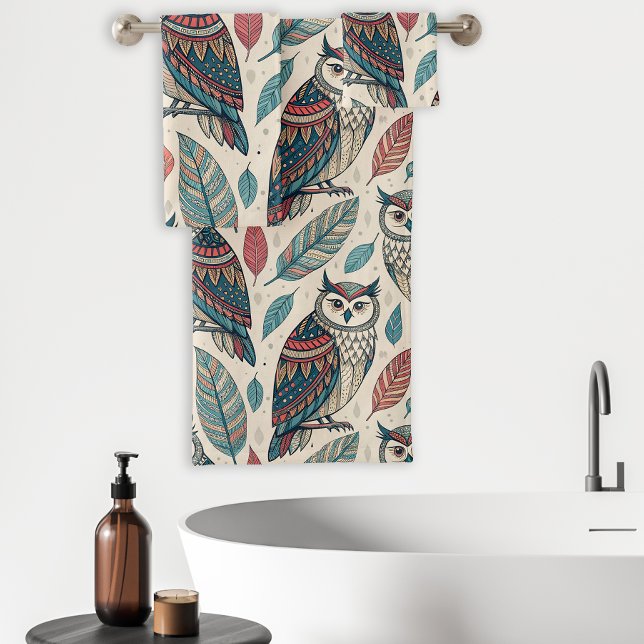 Toalha Boho com Padrão de Folhas e Coruja em Tons  (Criador carregado)