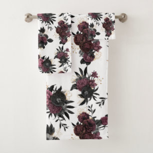 Toalha com padrão de flores bordô