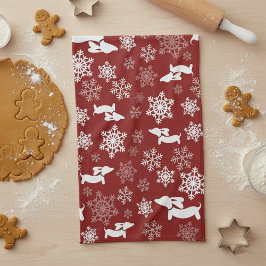 Toalha Dachshund Christmas Snowflake Red Dish Towel