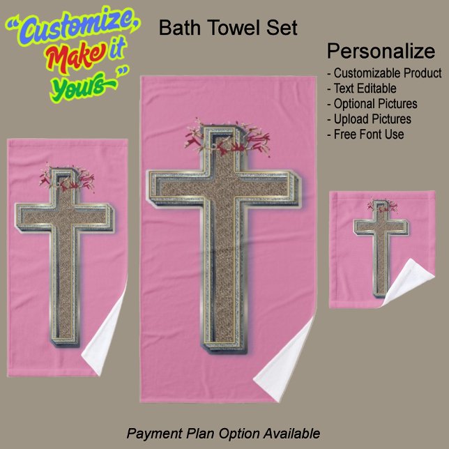 Toalha de Banheira Cruzada Conjunto Fundo Rosa (Cross Bathroom Towel Set with Featuring a Pink Background.)