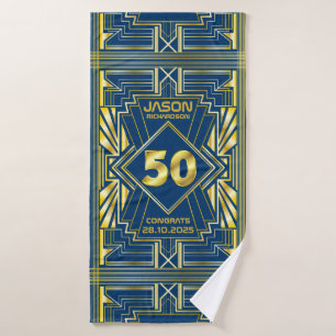 Toalha De Banho 50º aniversário Art Deco Dourado Excelente Azul