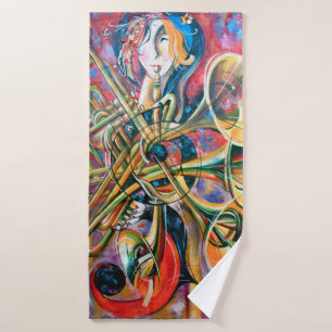 Toalha De Banho An oil painting on canvas. Music, the girl plays m