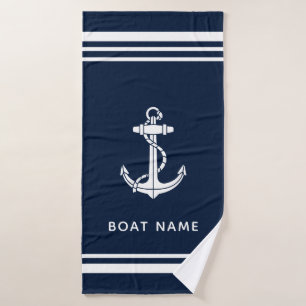 Toalha De Banho Âncora de Barco Moderna e Nome Navy Azul Personali