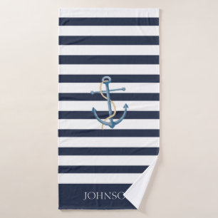 Toalha De Banho Âncora Náutica Listrada Azul-Marinho