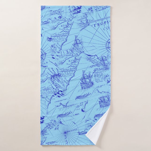 Toalha De Banho Antigo mapa marítimo azul navios e bússola (Toalha de Banho)