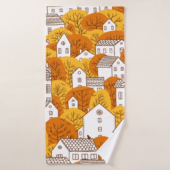 Toalha De Banho Árvores e casas com padrão uniforme. outono, outon (Toalha de Banho)