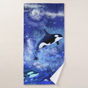 Toalha De Banho Baleias Assassinas na Lua Cheia - Azul de Desenho 