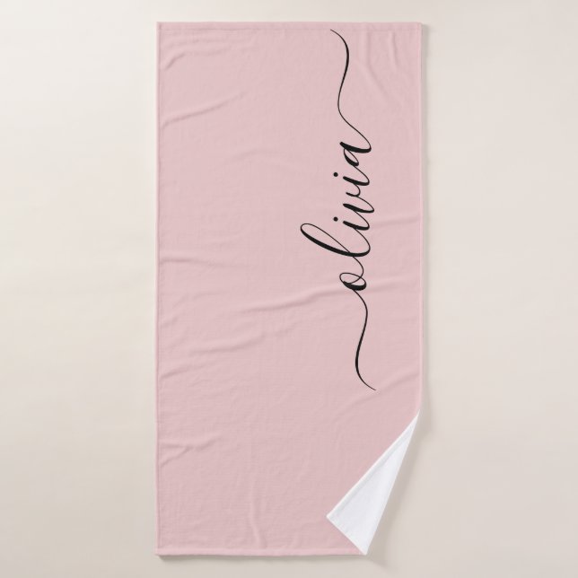 Toalha De Banho Blush Dusty Pink Modern Script Girly Monograma Nom (Toalha de Banho)