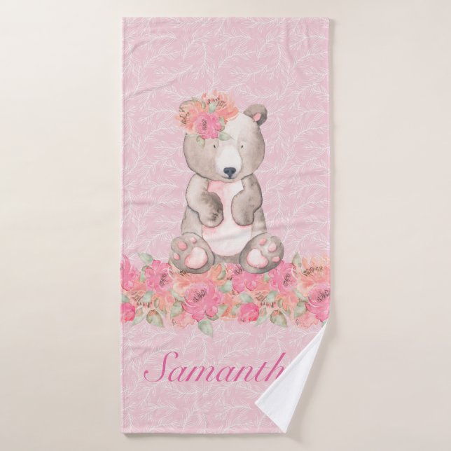 Toalha De Banho Bonito Meninas Rosa Floral Urso (Toalha de Banho)