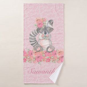 Toalha De Banho Bonito Meninas Rosa Florland Raccoon