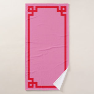 Toalha De Banho Borda Chave Grega Rosa e Vermelha