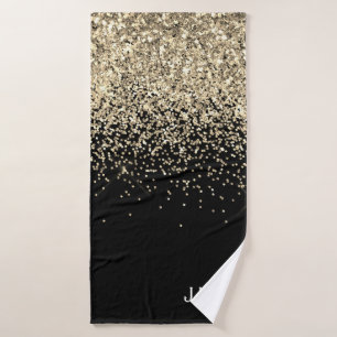 Toalha De Banho Brilho Preto Dourado Monograma Inicial Feminino