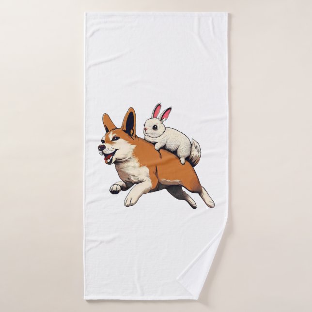Toalha De Banho Cachorro Shiba Inu e Coelho - Design Reproduzindo  (Toalha de Banho)