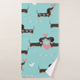 Toalha De Banho Cães-dachshund apaixonados e corações, padrão perf