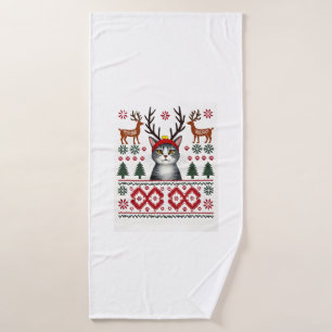 Toalha De Banho Camiseta Feia de Natal Gato Rena da Suéter de Nata