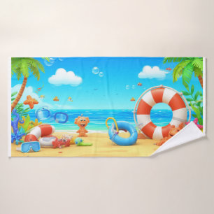 Toalha De Banho Cena Colorida de Praia Tropical de Desenho Animado