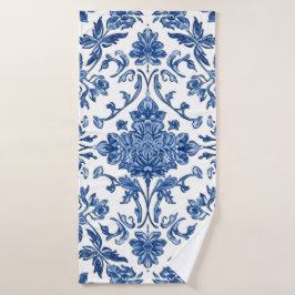 Toalha De Banho Chinoiserie Floral Azul Aquarela Branca