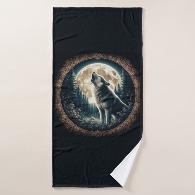Toalha De Banho Clássico, vintage lobo e lua (Toalha de Banho)