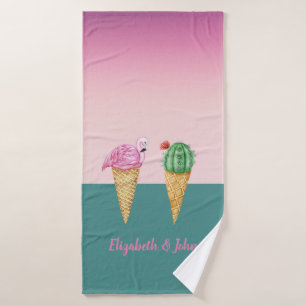 Toalha De Banho Cones de Sorvete Coloridos Cacto Flamingos Rosa