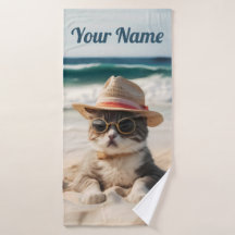 Coole Katze am Strand mit Sonnenbrille und Hut -