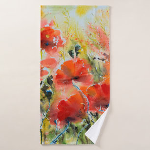 Toalha De Banho Cor da água - pintura de flores vermelhas de papo