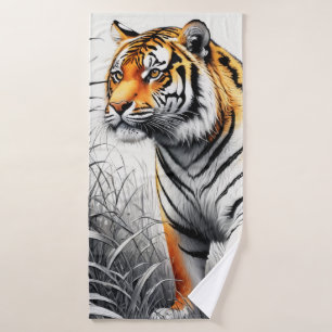 Toalha De Banho Cor de Arte Tigre Desenho Branco Parcial Preto