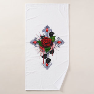 Toalha De Banho Cruz de Prata com Rosa vermelha