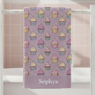 Toalha De Banho Cupcake Personalizado com Glitter Roxo