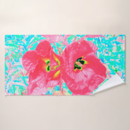 Toalha De Banho Dois Hibiscus Louco de Coral Vermelho Rosado em Aq