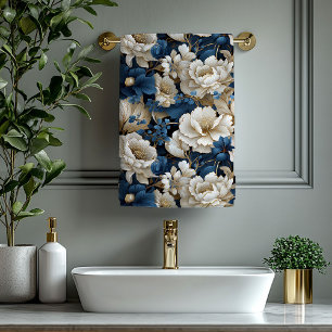 Toalha de banho elegante azul branco flores chic m