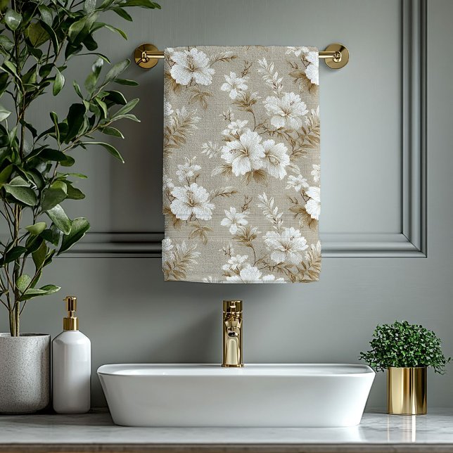 Toalha de Banho Elegante Flores Brancas Cores Neut (Neutral Colors White Flowers Elegant Bath Towel)