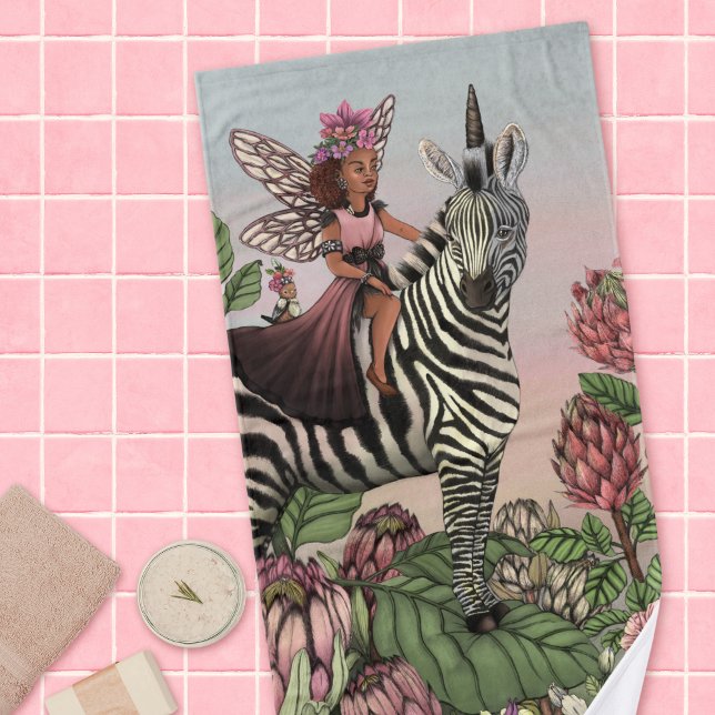 Toalha De Banho Fada rosa-branca com arte plana zebra Unicórica (Criador carregado)