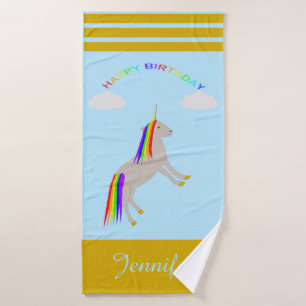 Toalha De Banho Fantasy Birthday Unicorn Rainbow and Clouds Custom