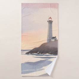 Toalha De Banho Farol Costeiro | Pintura em Aquarela de Praia