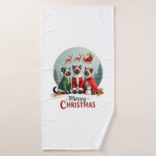 Toalha De Banho Feliz Natal Três Santa Elfo Rena Siamês C