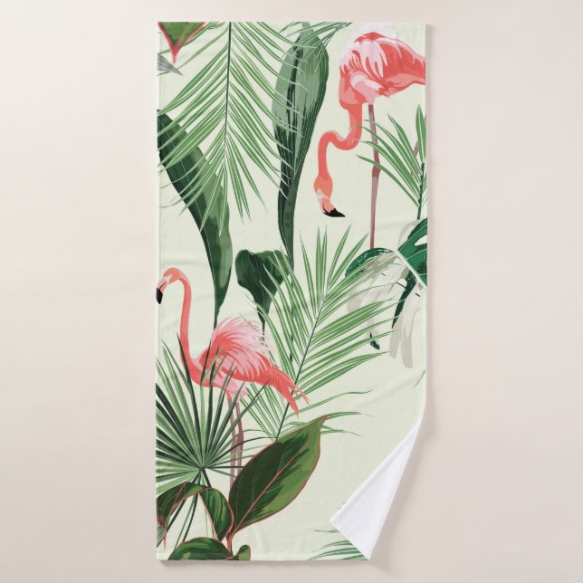Toalha De Banho Flamingo rosa e flores exóticas, folhas de palma.  (Toalha de Banho)