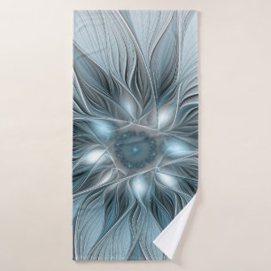 Toalha De Banho Flor Abstrata Alegre Azul Cinza Floral Fractal