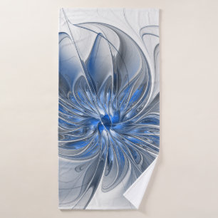 Toalha De Banho Flor de Arte Fractal em Aquarela Azul Cinza Abstra