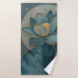 Toalha De Banho Flor de Lótus Teal e Dourado Arte de Linha Geométr
