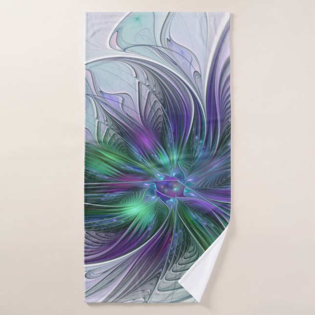 Toalha De Banho Flor Moderna Abstrata Fractal Roxa Verde (Toalha de Banho)