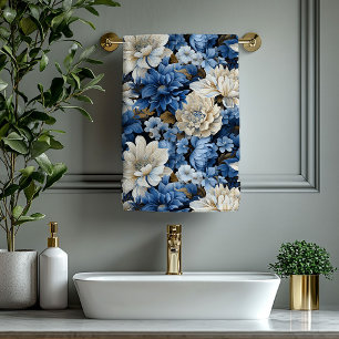 Toalha de Banho Floral Azul Naval Marfim Dourado E