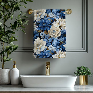 Toalha de Banho Floral Azul Naval Marfim Dourado E