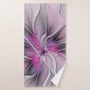 Toalha De Banho Floral Fractal Moderno Abstrato Flor Rosa Cinza